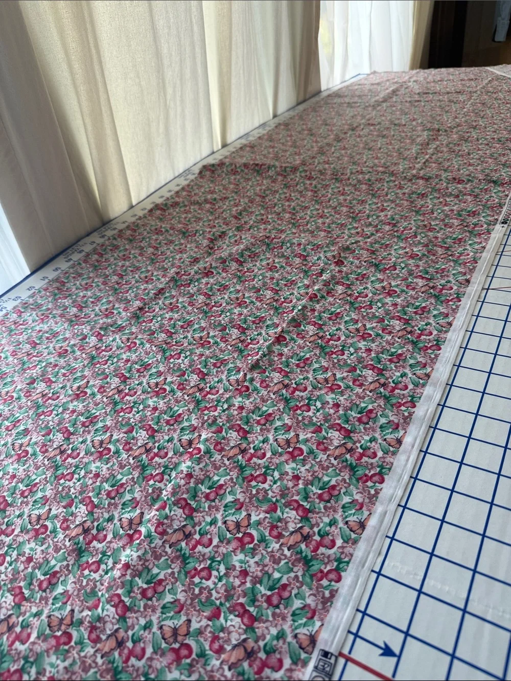 Vintage 1990s Cotton Blend Fabric 2 Yards x 44 Apple Floral Butterfly Print
